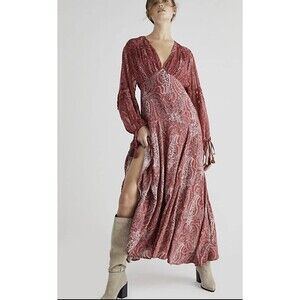Free People Mirage Paisley Boho Maxi Dress Red Preppy Mix Print Empire Tie Sz 4
